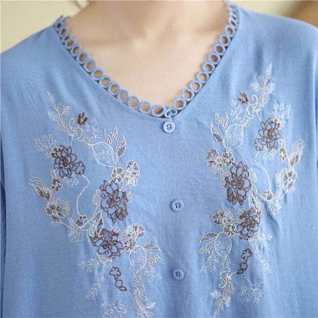 Buddha Stones Floral Embroidery V-Neck Half Sleeve T-shirt Tee Women's T-Shirts BS 10