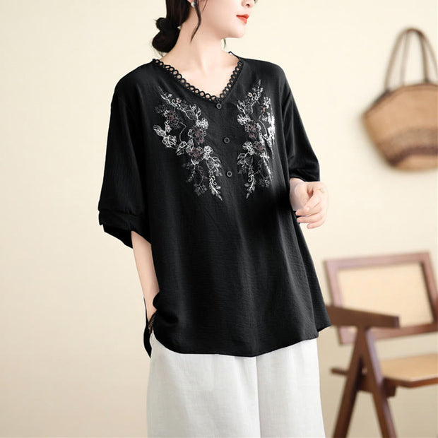 Buddha Stones Floral Embroidery V-Neck Half Sleeve T-shirt Tee