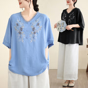 Buddha Stones Floral Embroidery V-Neck Half Sleeve T-shirt Tee
