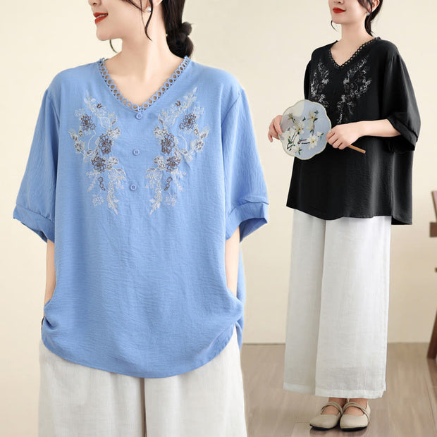 Buddha Stones Floral Embroidery V-Neck Half Sleeve T-shirt Tee