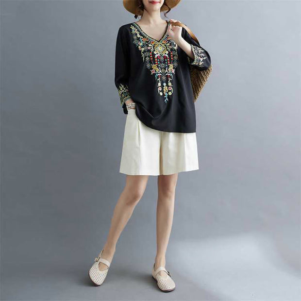 Buddha Stones Ethnic Style Floral Embroidery V-Neck Three Quarter Sleeve T-shirt Tee