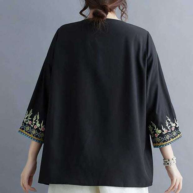 Buddha Stones Ethnic Style Floral Embroidery V-Neck Three Quarter Sleeve T-shirt Tee
