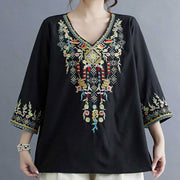 Buddha Stones Ethnic Style Floral Embroidery V-Neck Three Quarter Sleeve T-shirt Tee