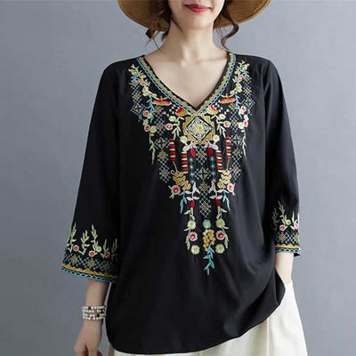 Buddha Stones Ethnic Style Floral Embroidery V-Neck Three Quarter Sleeve T-shirt Tee