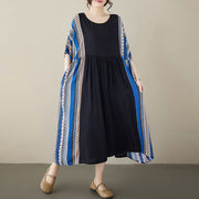 Buddha Stones Black Blue Stripes Short Sleeve Midi Dress With Pockets Midi Dress BS 1