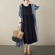 Buddha Stones Black Blue Stripes Short Sleeve Midi Dress With Pockets Midi Dress BS 4
