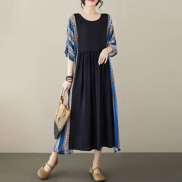 Buddha Stones Black Blue Stripes Short Sleeve Midi Dress With Pockets Midi Dress BS 15