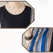 Buddha Stones Black Blue Stripes Short Sleeve Midi Dress With Pockets Midi Dress BS 12