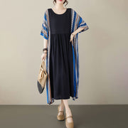 Buddha Stones Black Blue Stripes Short Sleeve Midi Dress With Pockets Midi Dress BS 16
