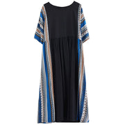 Buddha Stones Black Blue Stripes Short Sleeve Midi Dress With Pockets Midi Dress BS 5