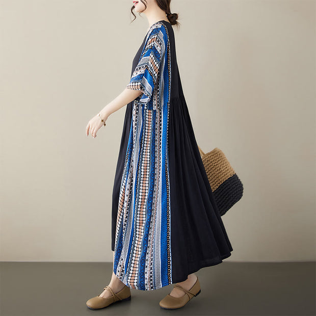 Buddha Stones Black Blue Stripes Short Sleeve Midi Dress With Pockets Midi Dress BS 2