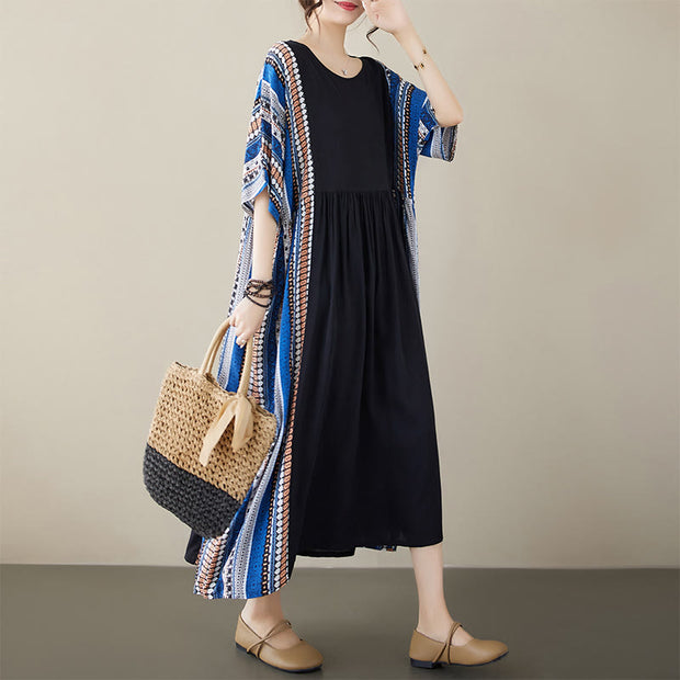 Buddha Stones Black Blue Stripes Short Sleeve Midi Dress With Pockets Midi Dress BS F(Fit for US4-14; UK/AU8-18; EU36-46)