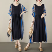 Buddha Stones Black Blue Stripes Short Sleeve Midi Dress With Pockets Midi Dress BS 14