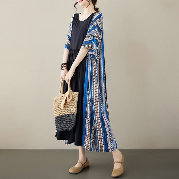 Buddha Stones Black Blue Stripes Short Sleeve Midi Dress With Pockets Midi Dress BS 3