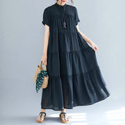 Buddha Stones Solid Color Button Front Short Sleeve Ruffled Hem Midi Dress Midi Dress BS 3