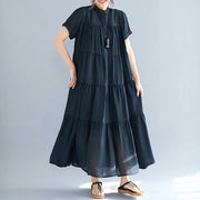 Buddha Stones Solid Color Button Front Short Sleeve Ruffled Hem Midi Dress Midi Dress BS 9