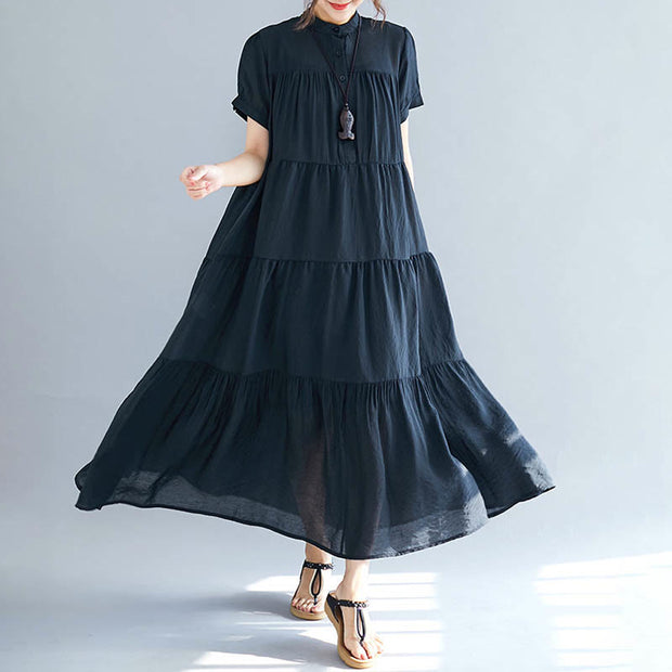 Buddha Stones Solid Color Button Front Short Sleeve Ruffled Hem Midi Dress Midi Dress BS F(Fit for US4-14; UK/AU8-18; EU36-46)