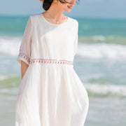 Buddha Stones Solid Color Embroidery Short Sleeve Ramie Linen Midi Dress Midi Dress BS 15