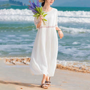 Buddha Stones Solid Color Embroidery Short Sleeve Ramie Linen Midi Dress