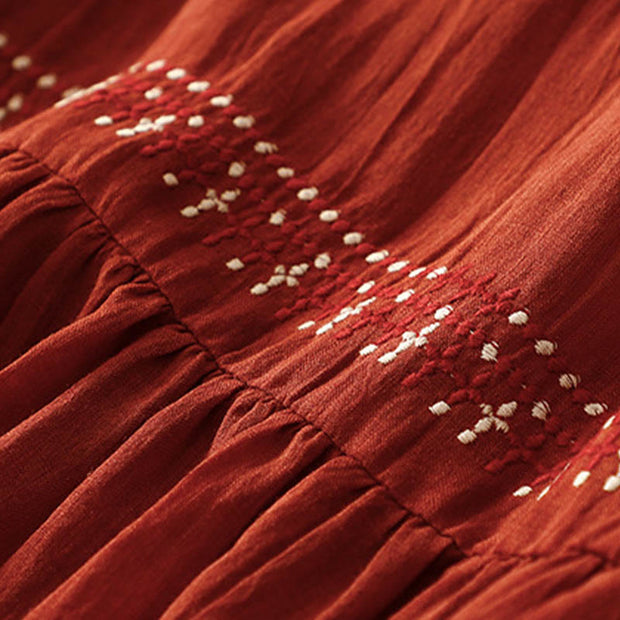 Buddha Stones Solid Color Embroidery Short Sleeve Ramie Linen Midi Dress Midi Dress BS 20