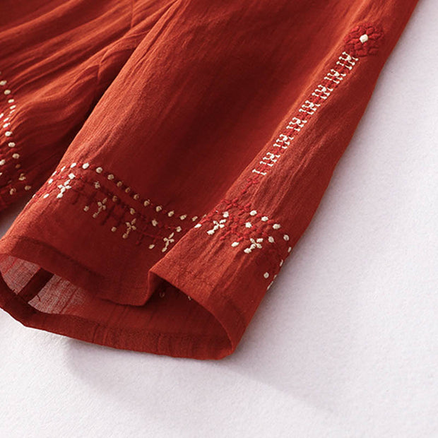 Buddha Stones Solid Color Embroidery Short Sleeve Ramie Linen Midi Dress Midi Dress BS 21