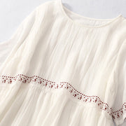 Buddha Stones Solid Color Embroidery Short Sleeve Ramie Linen Midi Dress Midi Dress BS 6