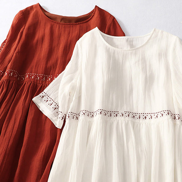 Buddha Stones Solid Color Embroidery Short Sleeve Ramie Linen Midi Dress Midi Dress BS 26