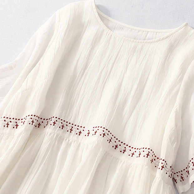 Buddha Stones Solid Color Embroidery Short Sleeve Cotton Midi Dress - image 6