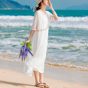 Buddha Stones Solid Color Embroidery Short Sleeve Ramie Linen Midi Dress Midi Dress BS 13