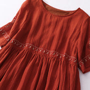 Buddha Stones Solid Color Embroidery Short Sleeve Ramie Linen Midi Dress Midi Dress BS 17