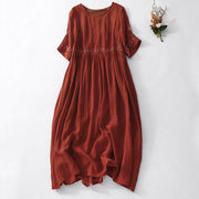 Buddha Stones Solid Color Embroidery Short Sleeve Ramie Linen Midi Dress Midi Dress BS FireBrick 2XL(Fit for US12; UK/AU16; EU44)