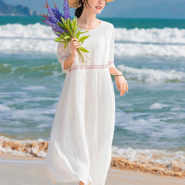 Buddha Stones Solid Color Embroidery Short Sleeve Ramie Linen Midi Dress Midi Dress BS 14