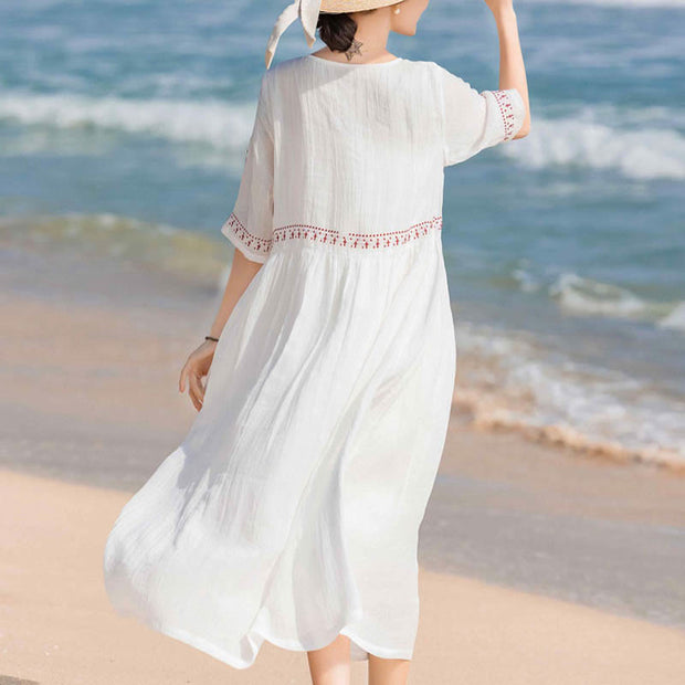 Buddha Stones Solid Color Embroidery Short Sleeve Ramie Linen Midi Dress Midi Dress BS 3