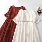 Buddha Stones Solid Color Embroidery Short Sleeve Ramie Linen Midi Dress Midi Dress BS 25