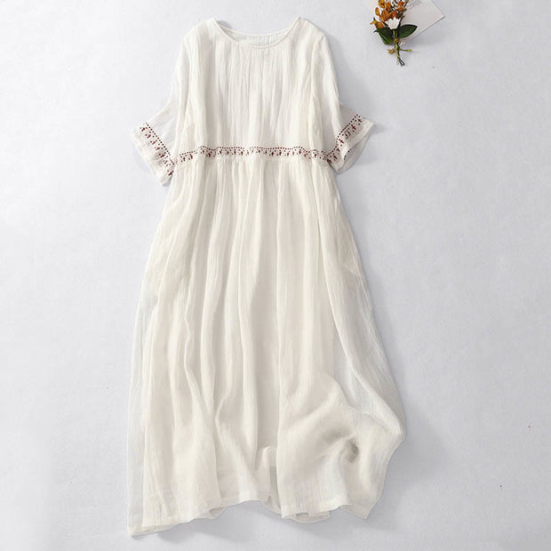 Buddha Stones Solid Color Embroidery Short Sleeve Ramie Linen Midi Dress Midi Dress BS White 2XL(Fit for US12; UK/AU16; EU44)