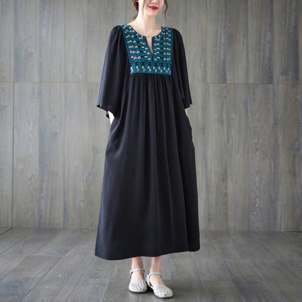 Buddha Stones Embroidery Notched Ruffled Hem Midi Dress With Pockets Midi Dress BS Black F(Fit for US4-12; UK/AU8-16; EU36-44)