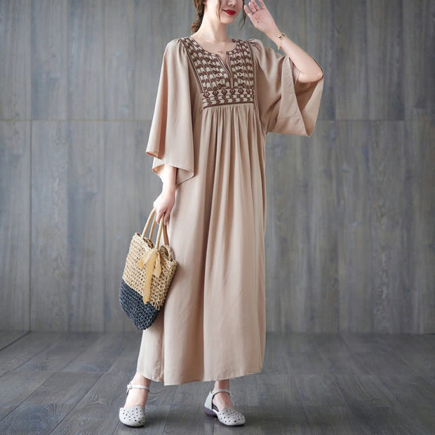 Buddha Stones Embroidery Notched Ruffled Hem Midi Dress With Pockets Midi Dress BS 29