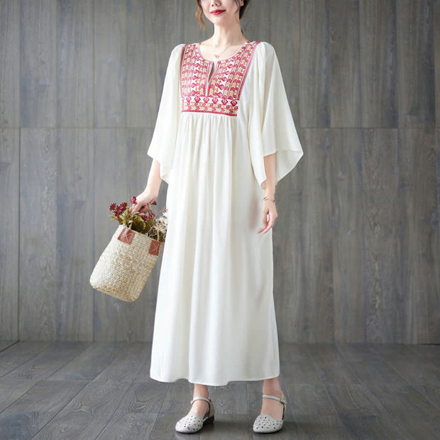 Buddha Stones Embroidery Notched Ruffled Hem Midi Dress With Pockets Midi Dress BS 4