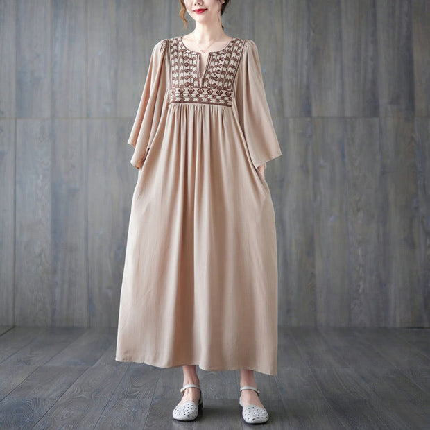 Buddha Stones Embroidery Notched Ruffled Hem Midi Dress With Pockets Midi Dress BS Wheat F(Fit for US4-12; UK/AU8-16; EU36-44)