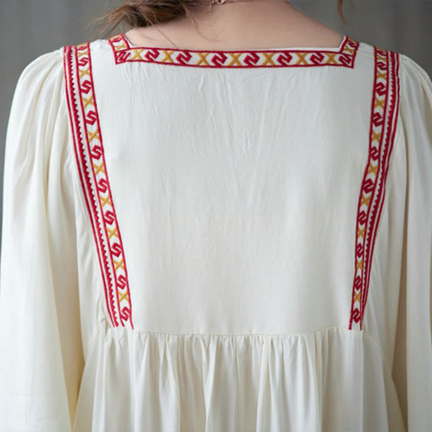 Buddha Stones Embroidery Notched Ruffled Hem Midi Dress With Pockets Midi Dress BS 6