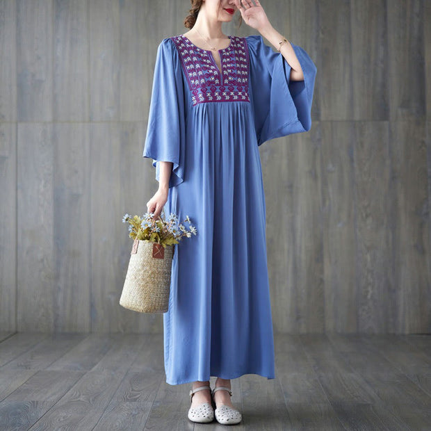 Buddha Stones Embroidery Notched Ruffled Hem Midi Dress With Pockets Midi Dress BS 20