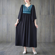 Buddha Stones Embroidery Notched Ruffled Hem Midi Dress With Pockets Midi Dress BS 23