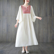 Buddha Stones Embroidery Notched Ruffled Hem Midi Dress With Pockets Midi Dress BS White F(Fit for US4-12; UK/AU8-16; EU36-44)