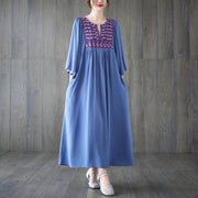 Buddha Stones Embroidery Notched Ruffled Hem Midi Dress With Pockets Midi Dress BS LightSkyBlue F(Fit for US4-12; UK/AU8-16; EU36-44)