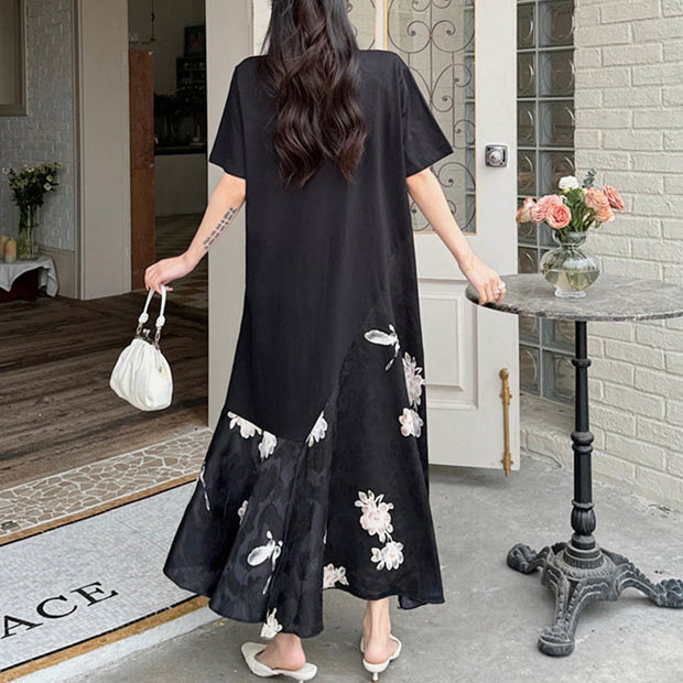 Buddha Stones Casual Flower Jacquard Short Sleeve T-Shirt Midi Dress Midi Dress BS 2