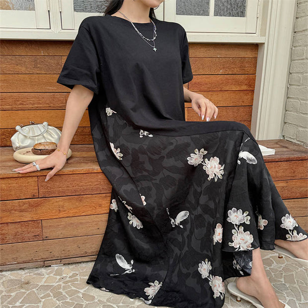 Buddha Stones Casual Flower Jacquard Short Sleeve T-Shirt Midi Dress Midi Dress BS 3