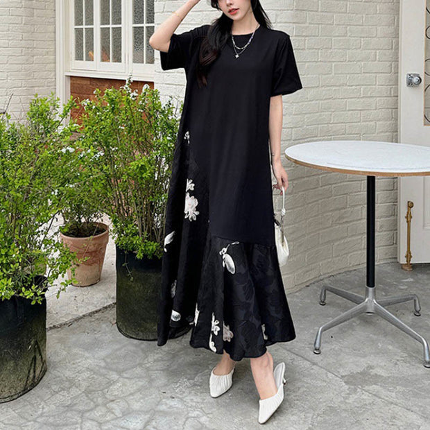 Buddha Stones Casual Flower Jacquard Short Sleeve T-Shirt Midi Dress Midi Dress BS 9