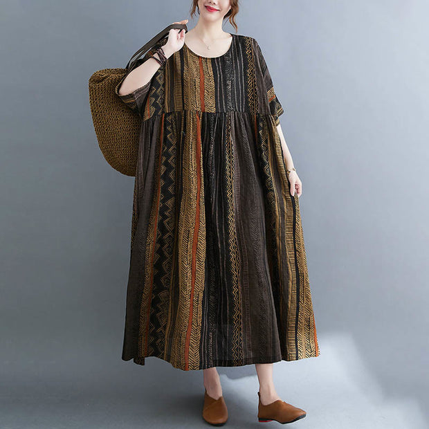 Buddha Stones Boho Geometry Short Sleeve Midi Dress With Pockets Midi Dress BS 18