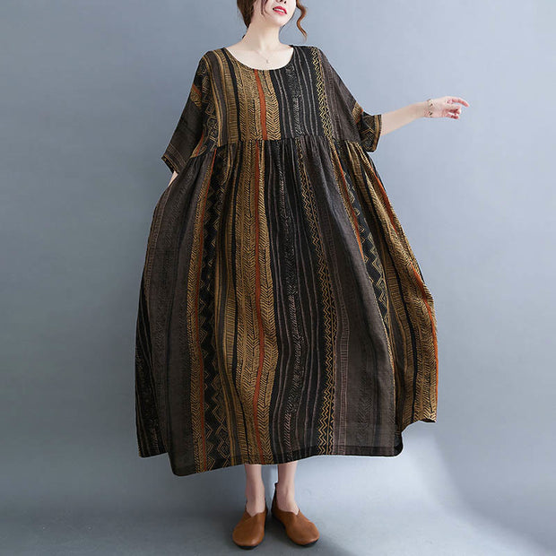 Buddha Stones Boho Geometry Short Sleeve Midi Dress With Pockets Midi Dress BS 14