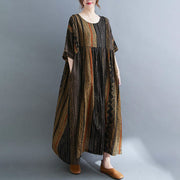 Buddha Stones Boho Geometry Short Sleeve Midi Dress With Pockets Midi Dress BS Tan F(Fit for US4-14; UK/AU8-18; EU36-46)